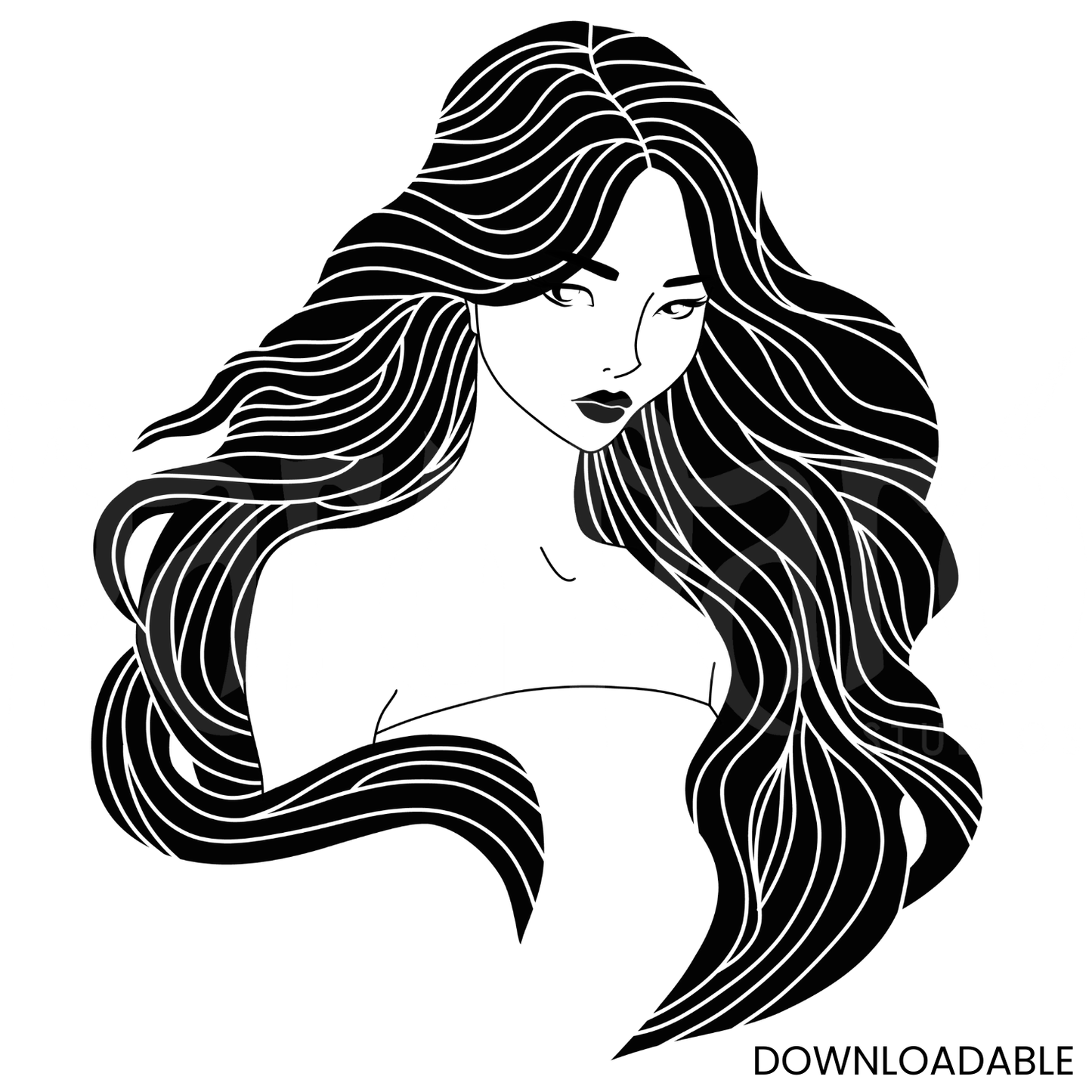 Long Flowy Hair Asian Beautiful Woman PNG Sublimation Digital Wall Art