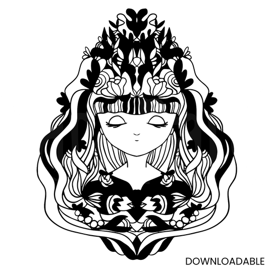 Mystical Young Celestial Lady Black and White PNG Sublimation Digital Wall Art