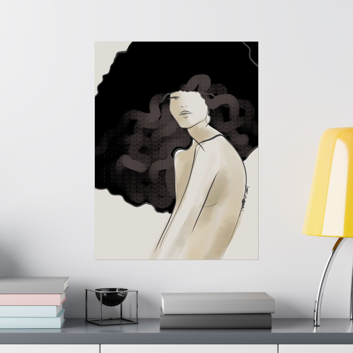Fashion Illustration Poster — Woman with Exaggerated Big Hair (Matte Vertical)
