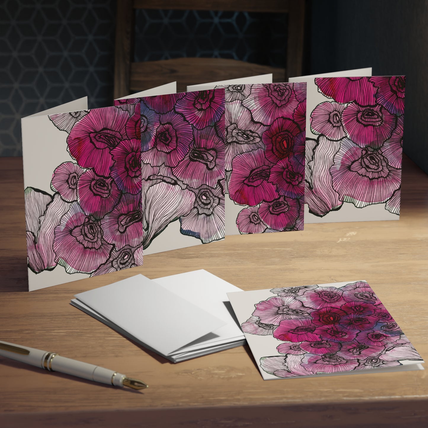 Blooming Pink Floral Greeting Cards - 5-Pack (Watercolor Zentangle Design)