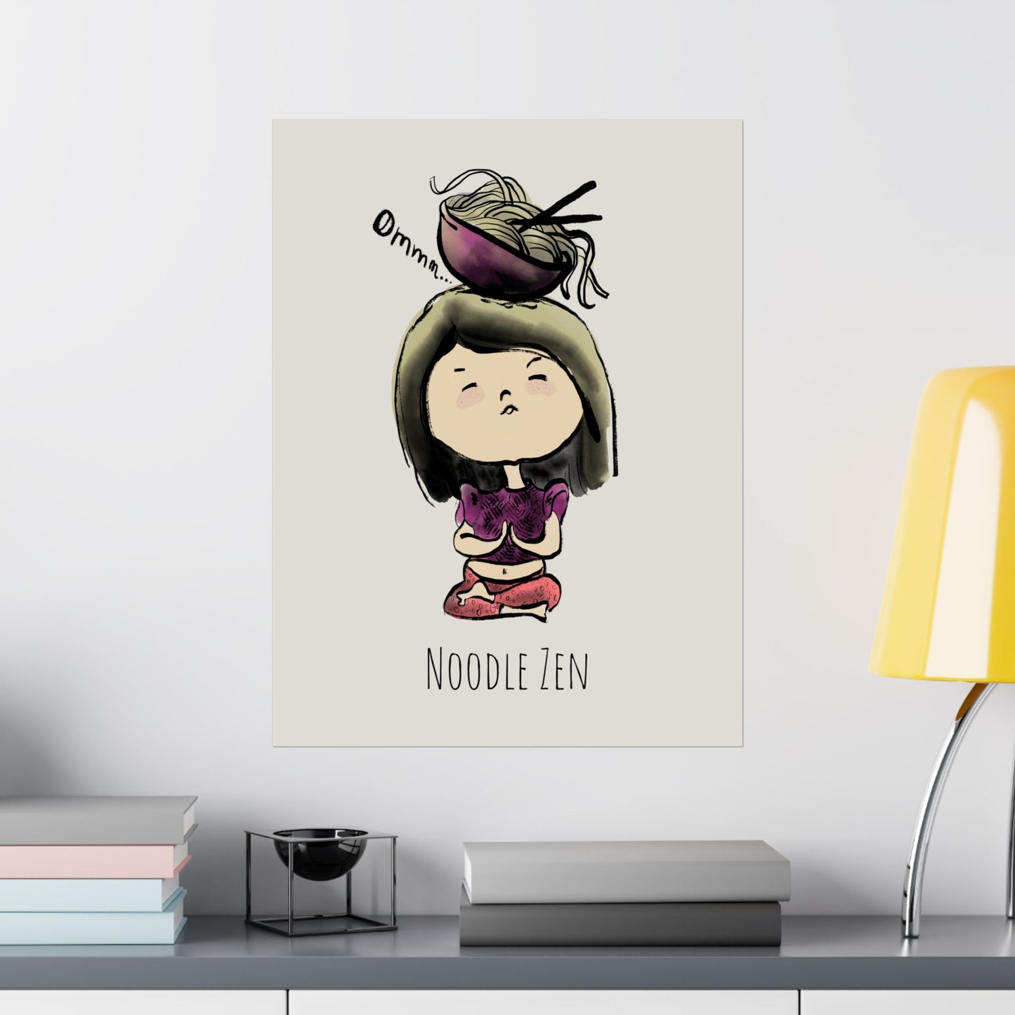 Meditating Girl with Noodle Bowl - Matte Vertical Poster