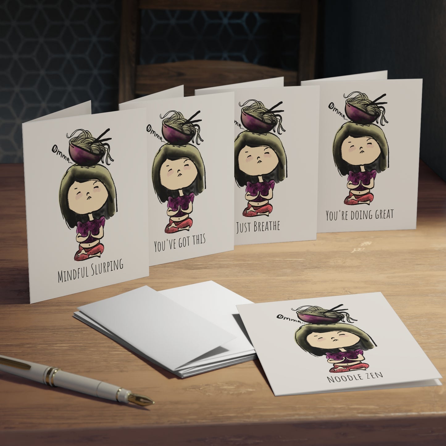 Meditative Noodles Greeting Cards - Cute Asian Girl Om Illustration (5-Pack)