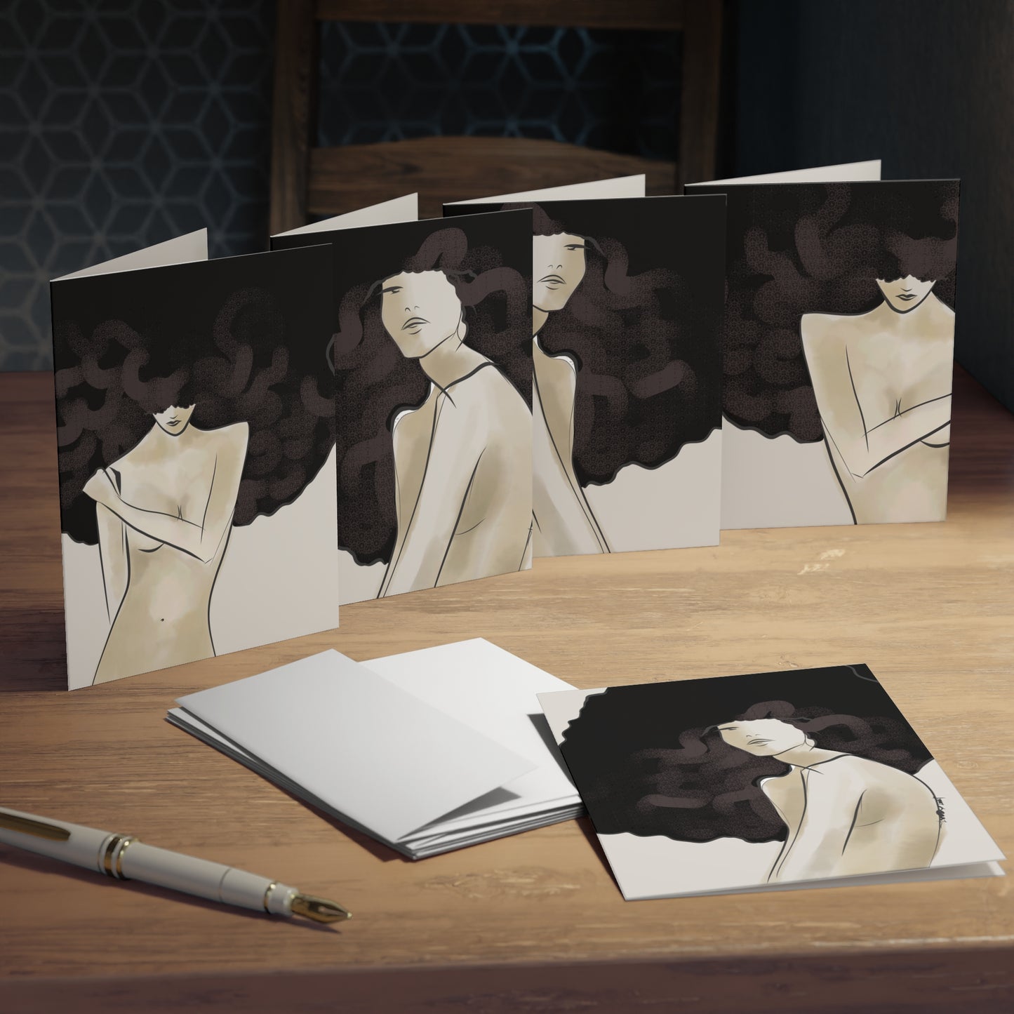 Greeting Card Set — Hand-Drawn Fashion Illustration of Two Women with Big Hair (5-Pack)