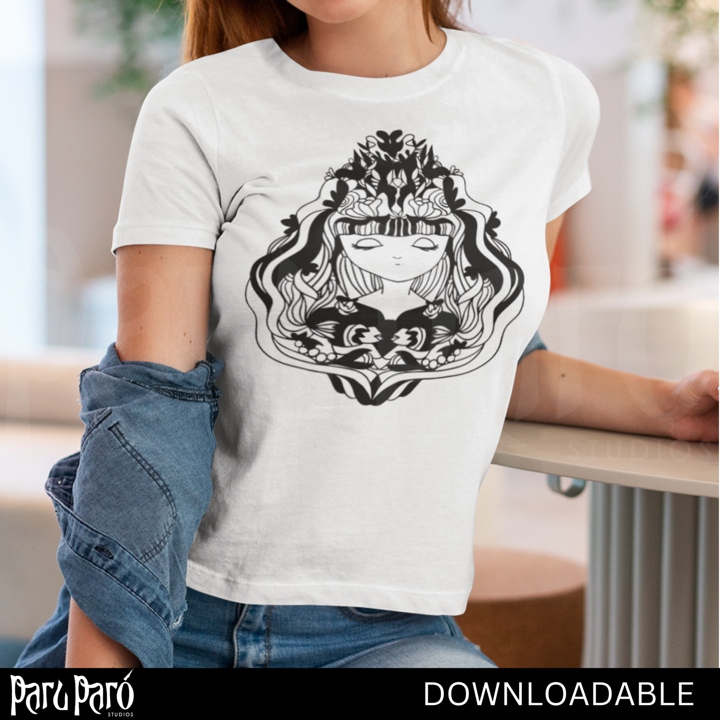 Mystical Young Celestial Lady Black and White PNG Sublimation Digital Wall Art