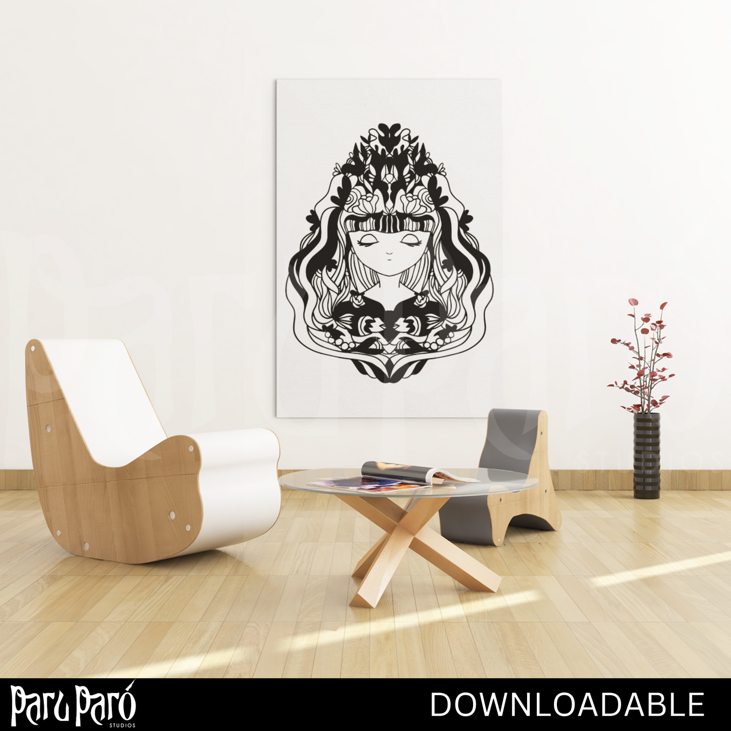 Mystical Young Celestial Lady Black and White PNG Sublimation Digital Wall Art