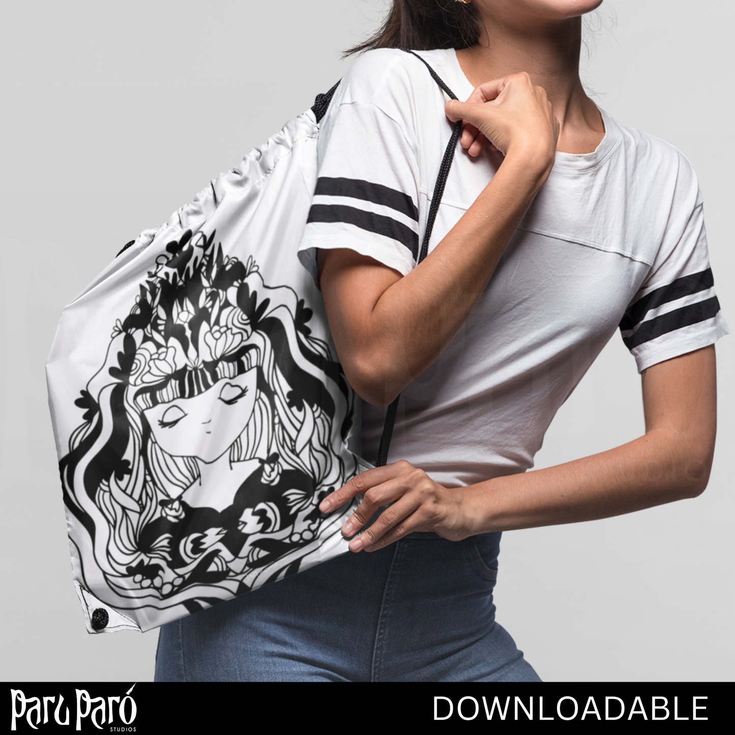 Mystical Young Celestial Lady Black and White PNG Sublimation Digital Wall Art