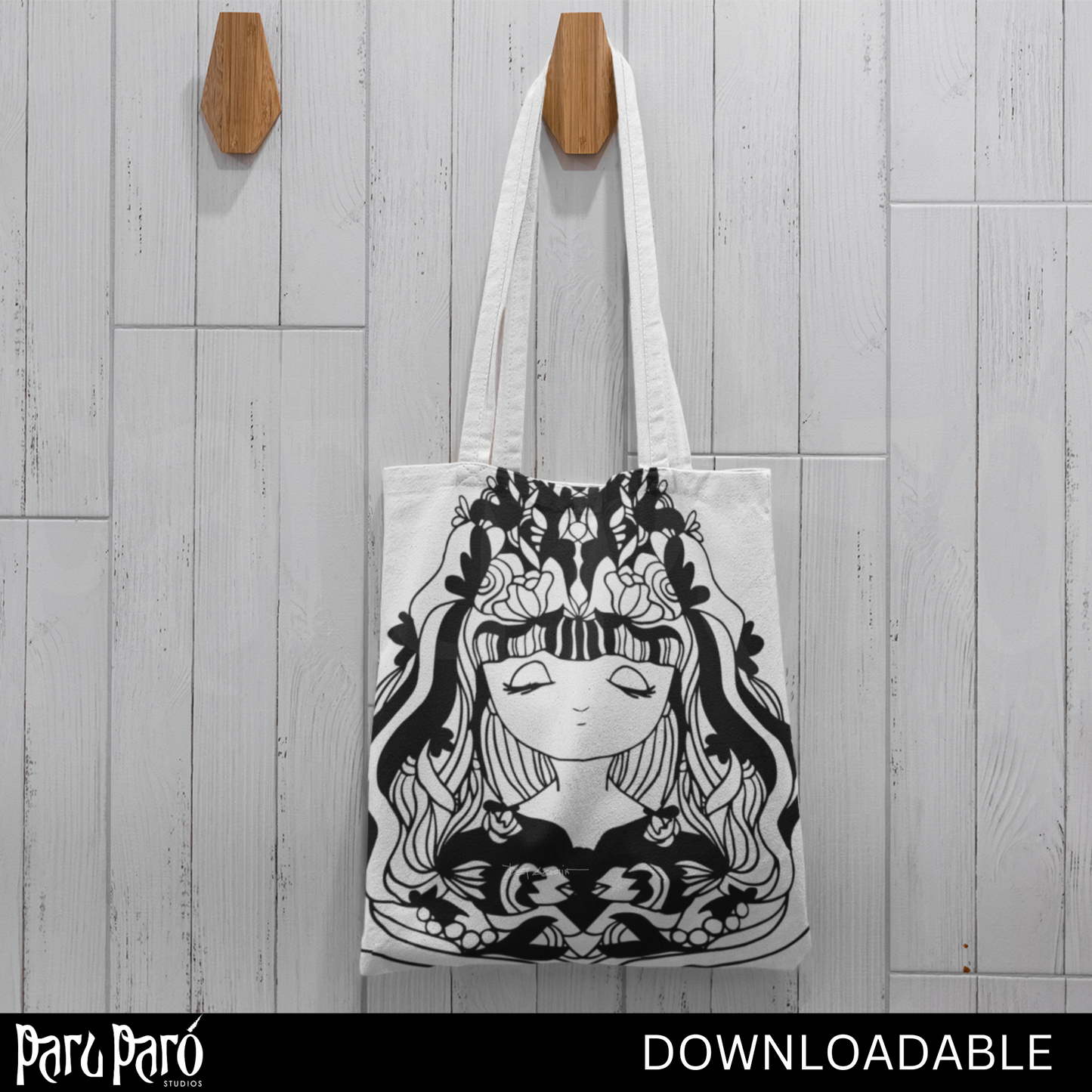 Mystical Young Celestial Lady Black and White PNG Sublimation Digital Wall Art