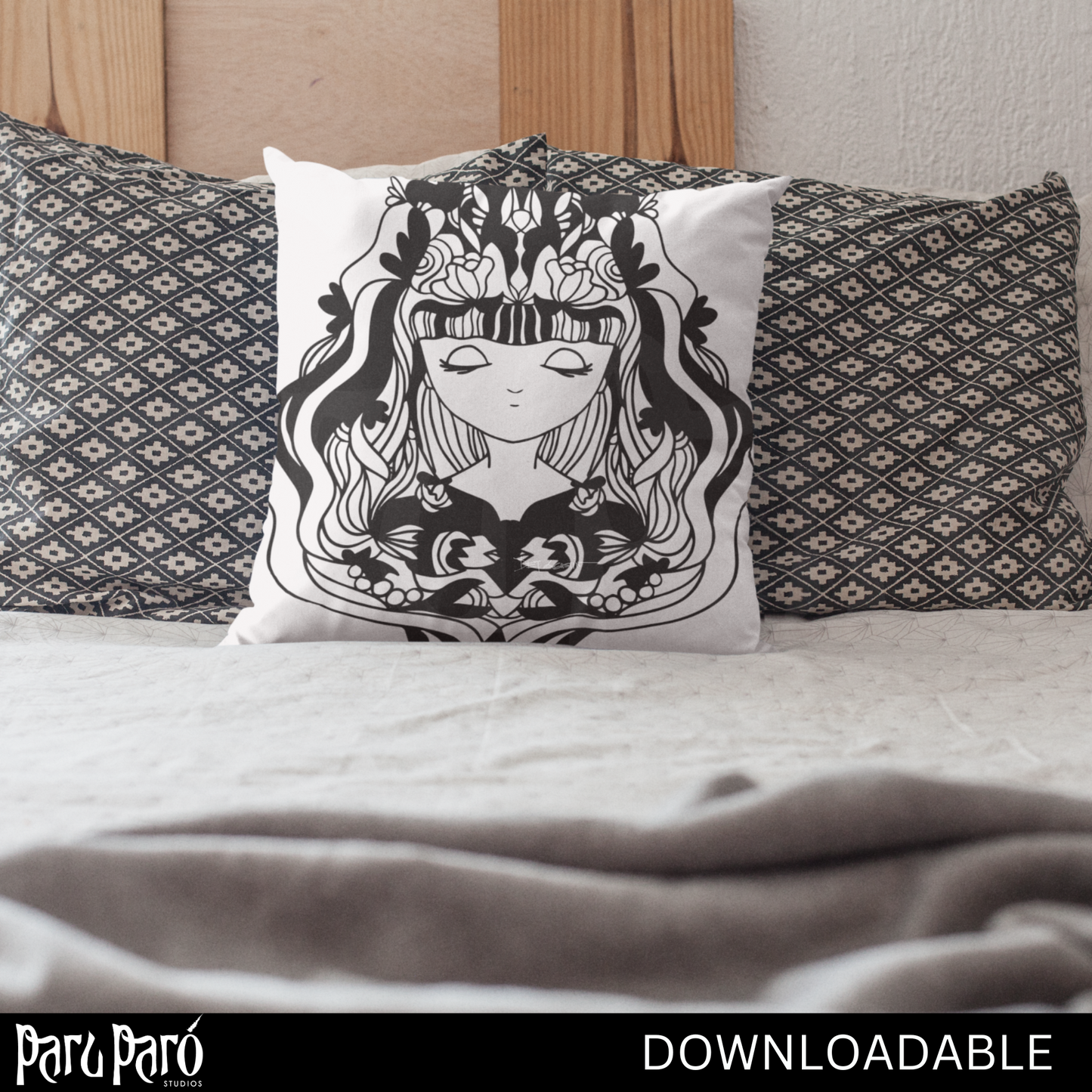 Mystical Young Celestial Lady Black and White PNG Sublimation Digital Wall Art