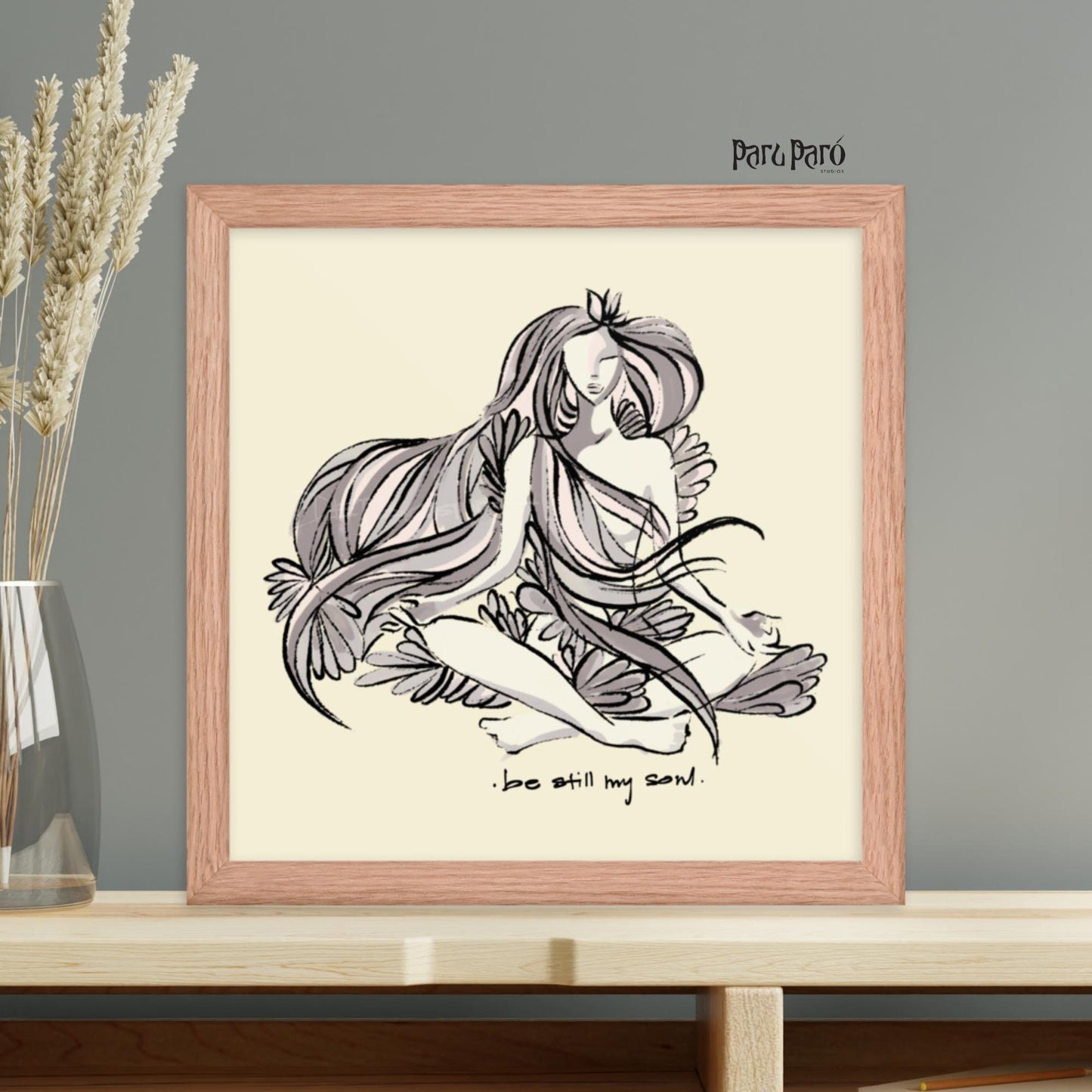 Sukhasana Yoga Art - 'Be Still My Soul' - Digital Drawing for Home Decor Framed Poster