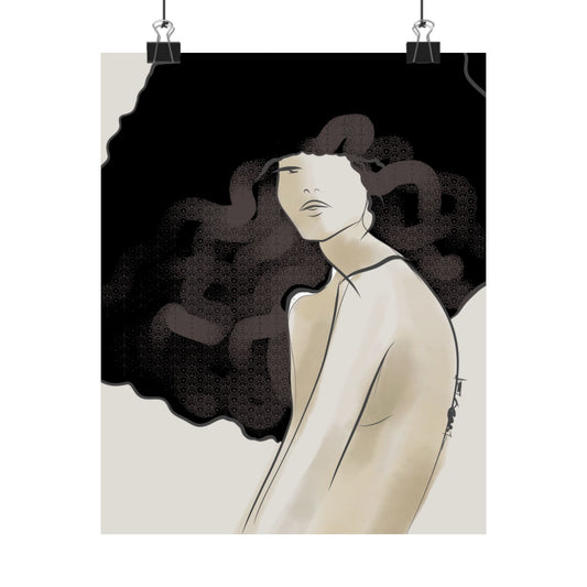 Fashion Illustration Poster — Woman with Exaggerated Big Hair (Matte Vertical)