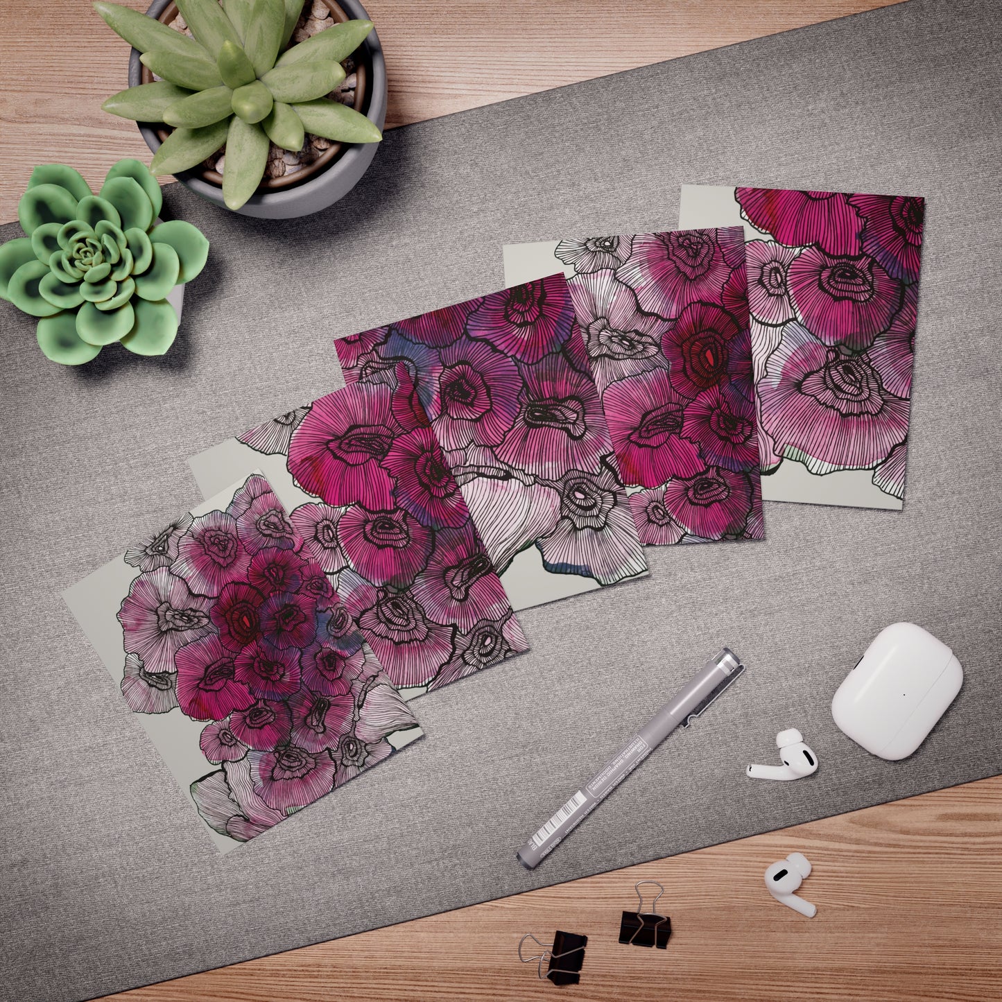 Blooming Pink Floral Greeting Cards - 5-Pack (Watercolor Zentangle Design)