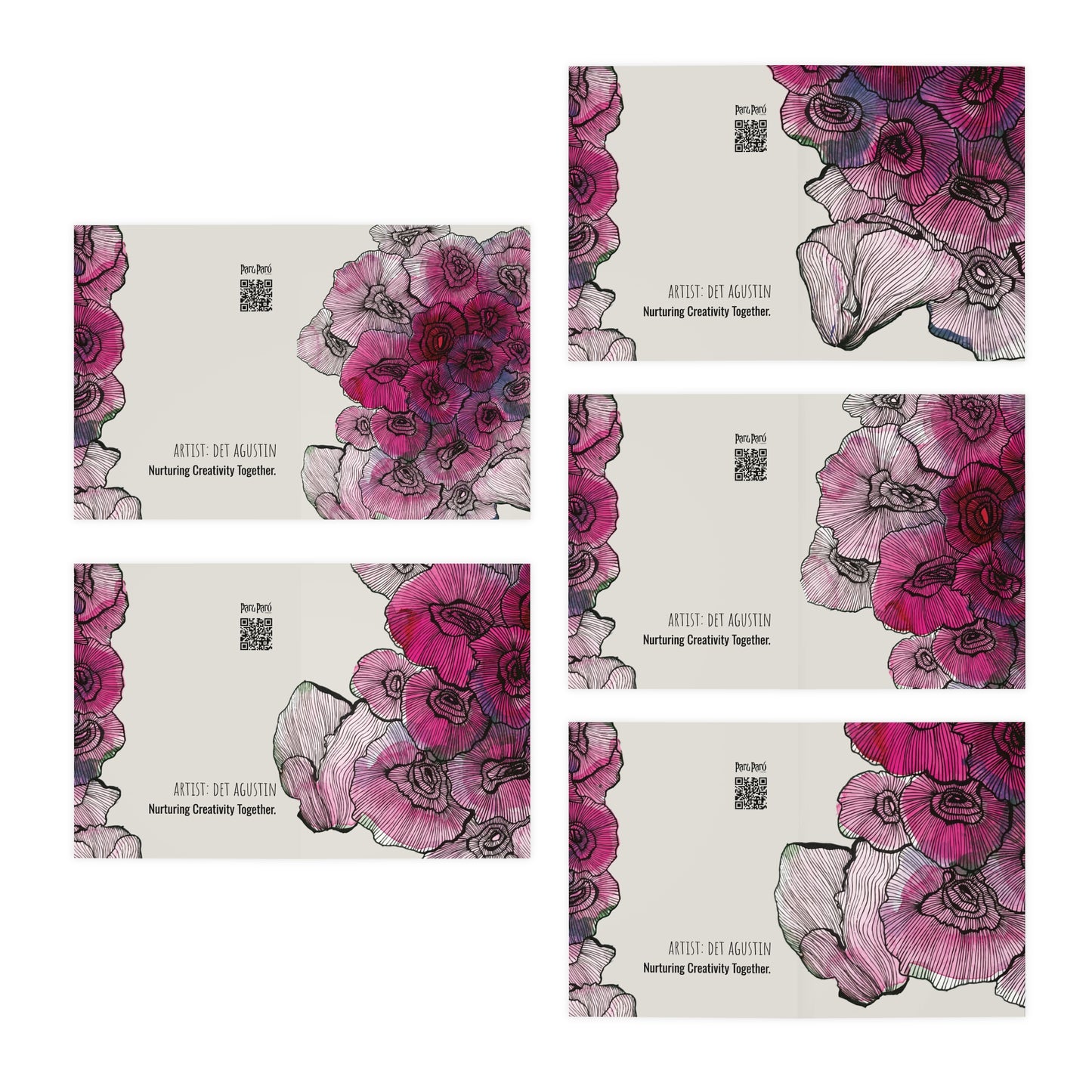 Blooming Pink Floral Greeting Cards - 5-Pack (Watercolor Zentangle Design)