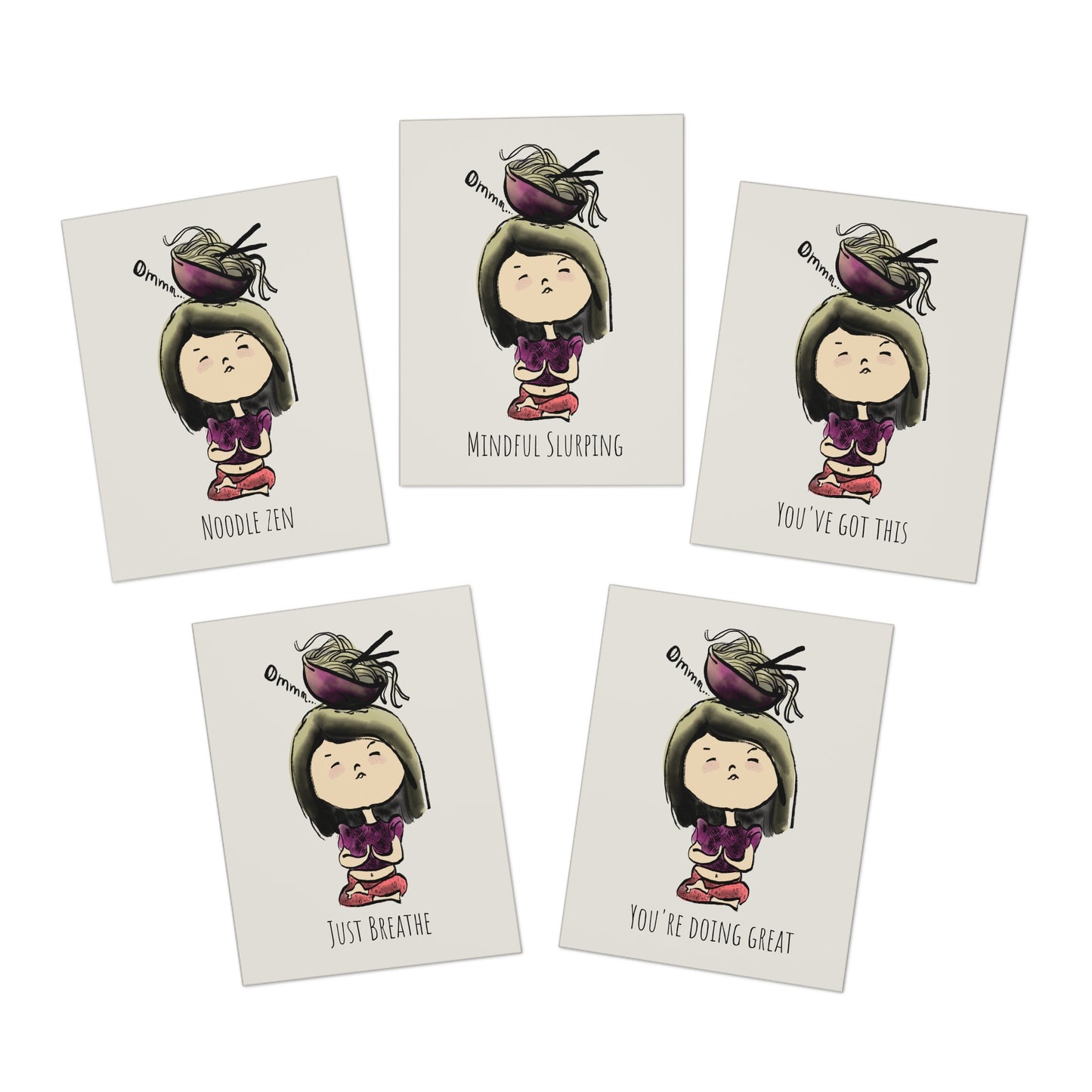 Meditative Noodles Greeting Cards - Cute Asian Girl Om Illustration (5-Pack)