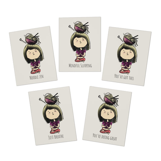 Meditative Noodles Greeting Cards - Cute Asian Girl Om Illustration (5-Pack)