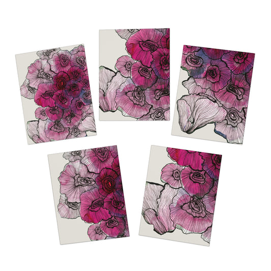 Blooming Pink Floral Greeting Cards - 5-Pack (Watercolor Zentangle Design)