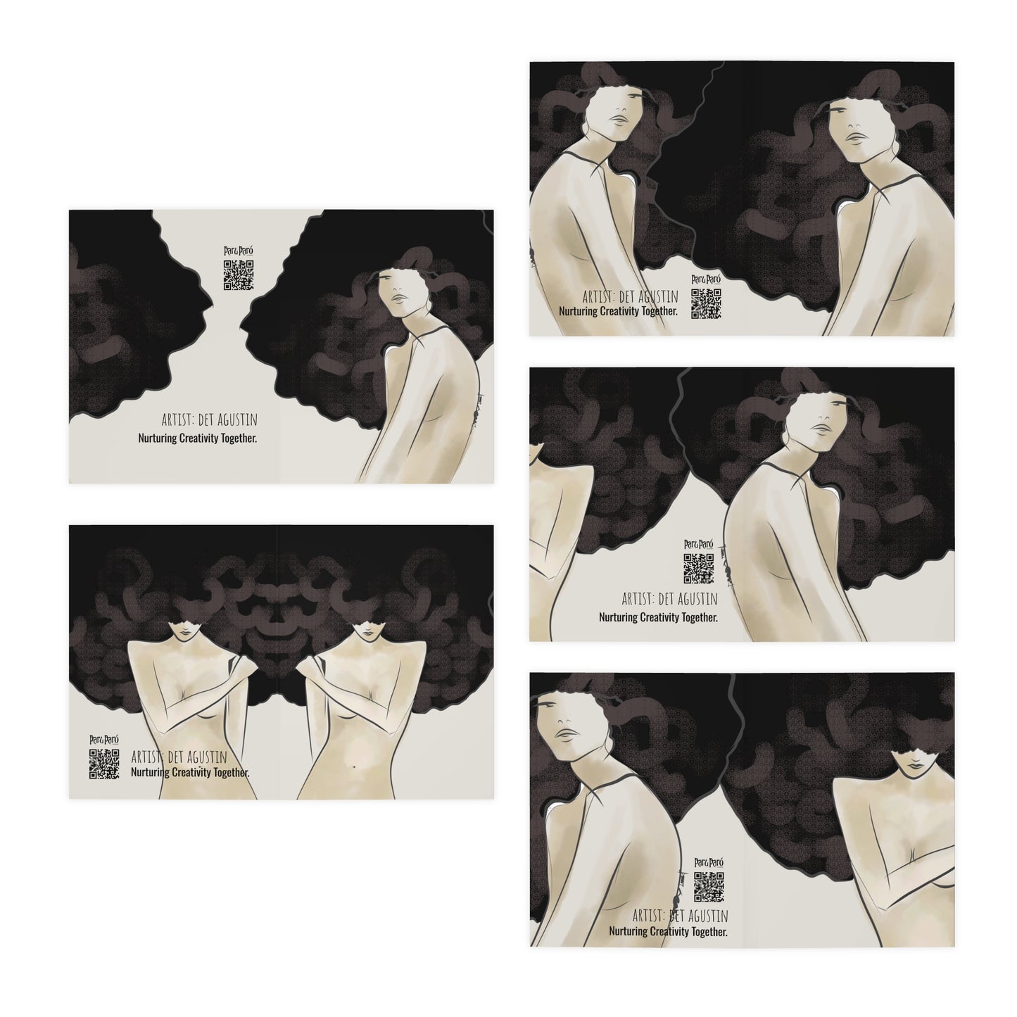 Greeting Card Set — Hand-Drawn Fashion Illustration of Two Women with Big Hair (5-Pack)
