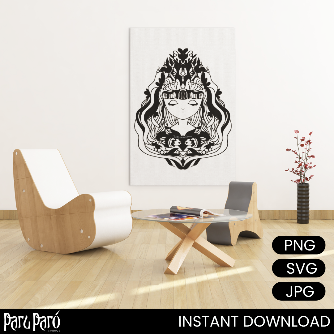 Mystical Young Celestial Lady Black and White PNG Sublimation Digital Wall Art