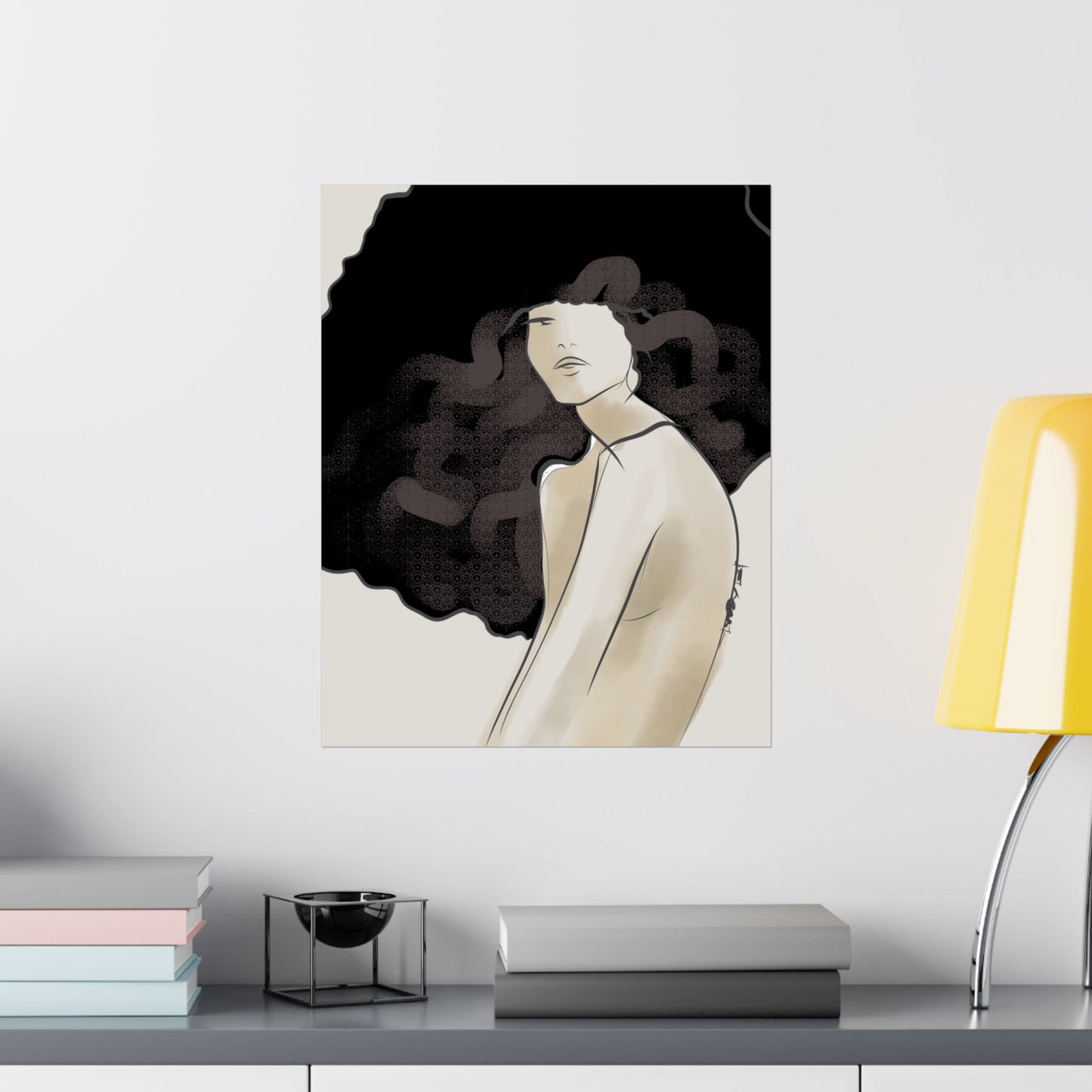 Fashion Illustration Poster — Woman with Exaggerated Big Hair (Matte Vertical)