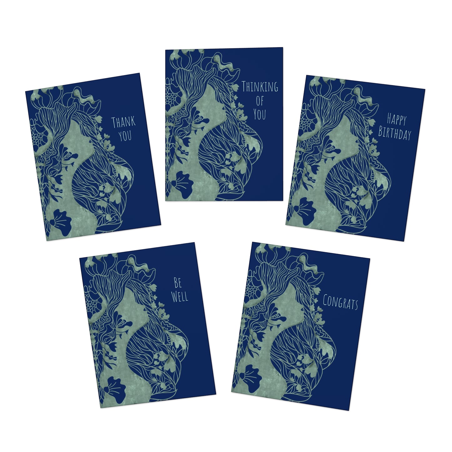 Zentangle Reef Woman Greeting Cards (5-Pack) - Thinking of You - Birthday - Congrats - Thank You - Be Well