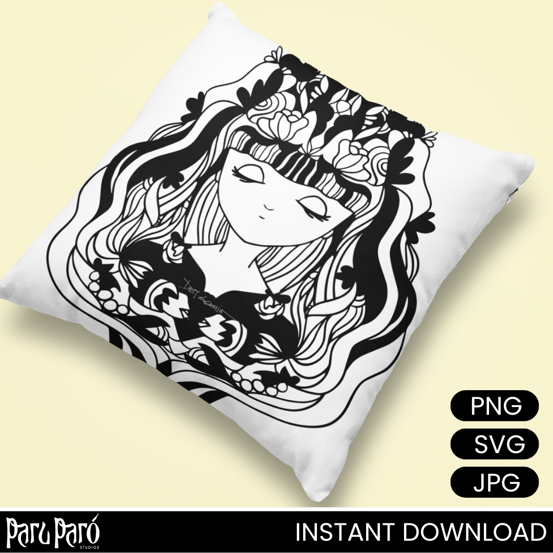 Mystical Young Celestial Lady Black and White PNG Sublimation Digital Wall Art