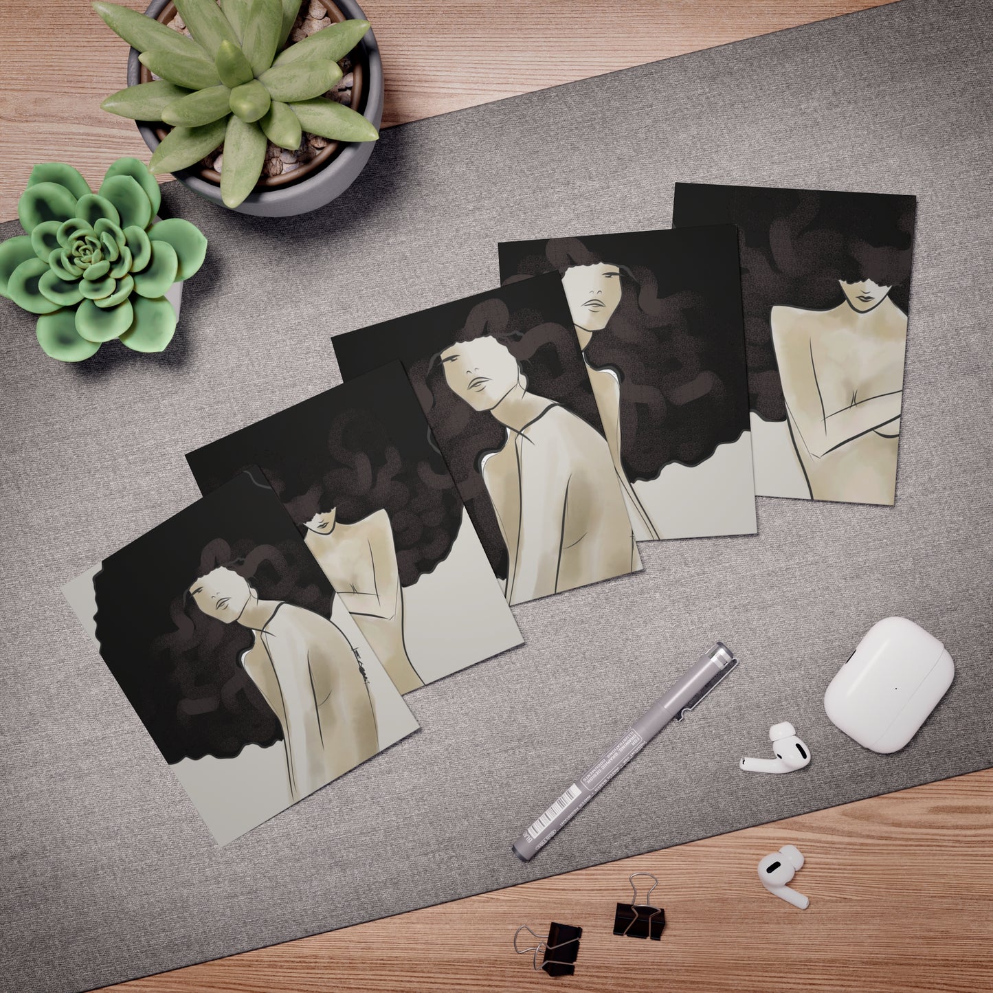 Greeting Card Set — Hand-Drawn Fashion Illustration of Two Women with Big Hair (5-Pack)