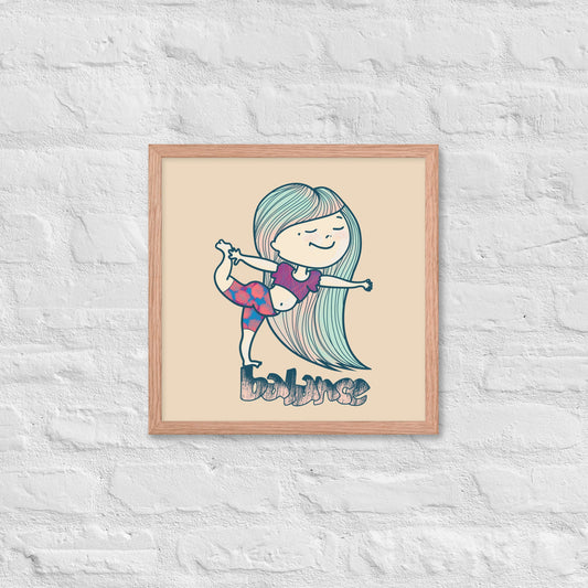 Yoga Framed Poster Art Wall Inspirational Word Dancer Pose Balance Illustration Playful Mint Green Peach Color Yoga Studio Decor Yoga Gift