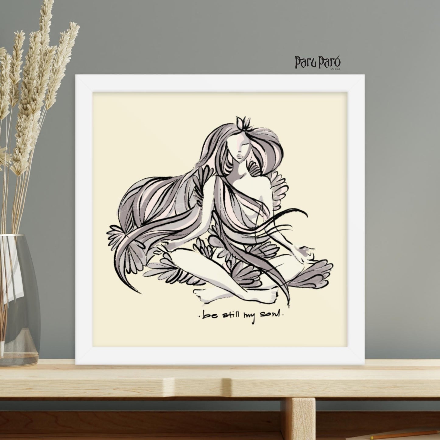 Sukhasana Yoga Art - 'Be Still My Soul' - Digital Drawing for Home Decor Framed Poster