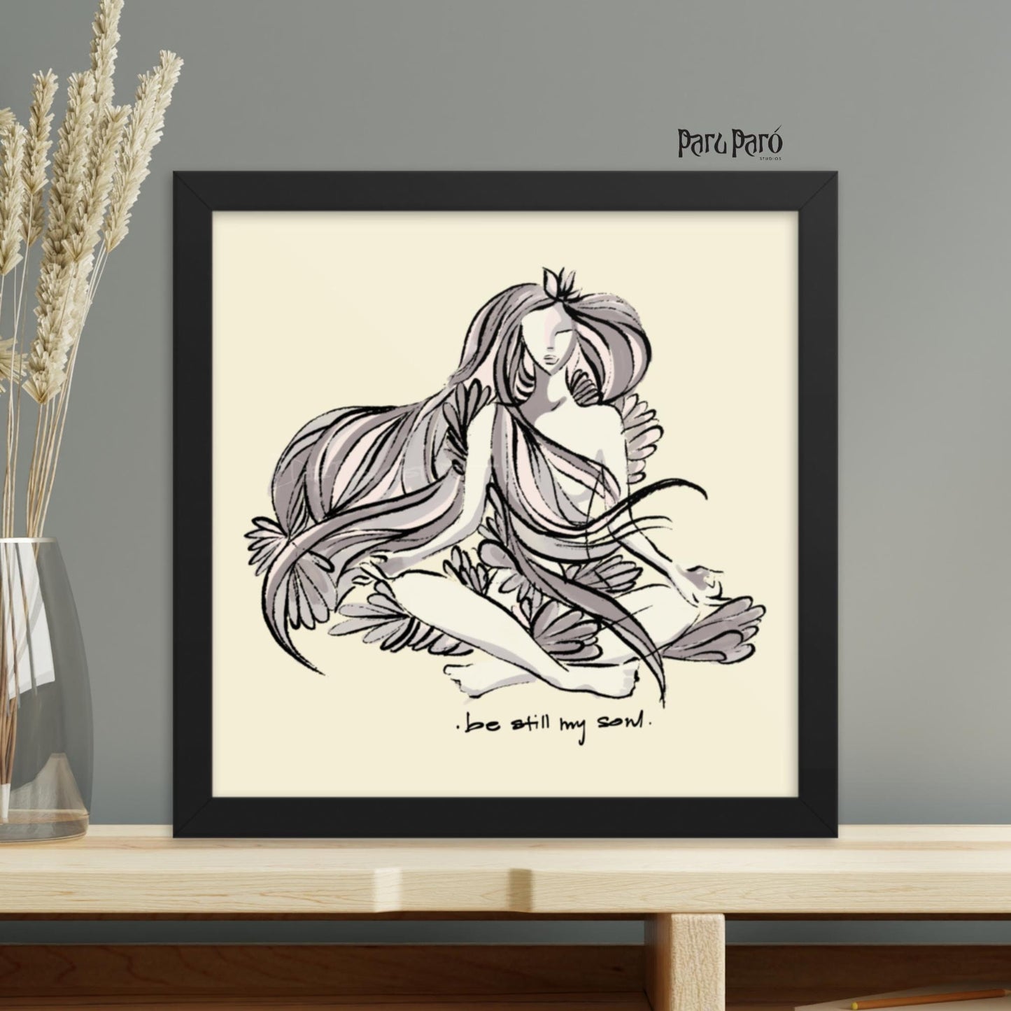 Sukhasana Yoga Art - 'Be Still My Soul' - Digital Drawing for Home Decor Framed Poster