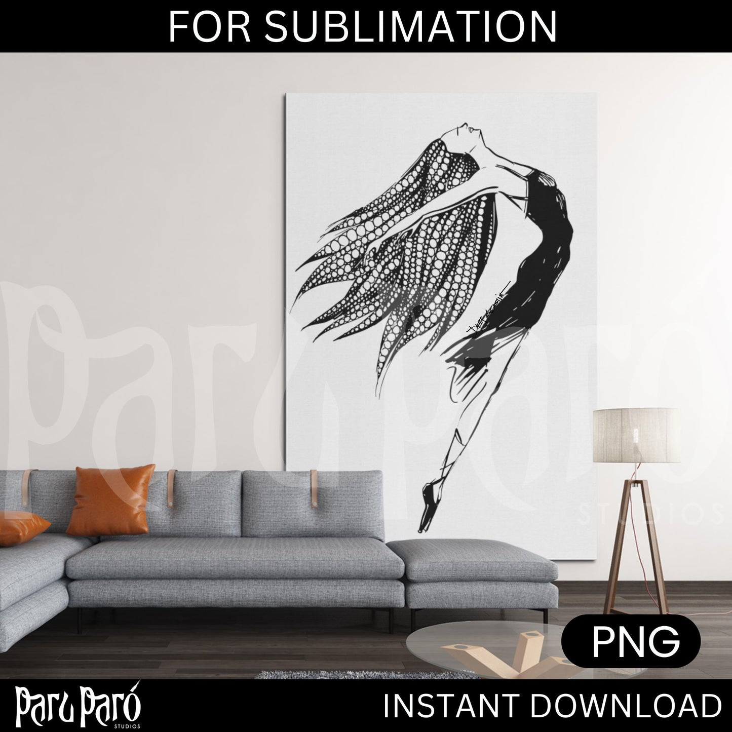 Black and White Female Ballerina PNG Sublimation Digital Wall Art